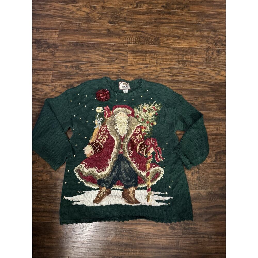 Vintage Tiara International Sweater Santa Christmas Hand Embroidered Sz:L